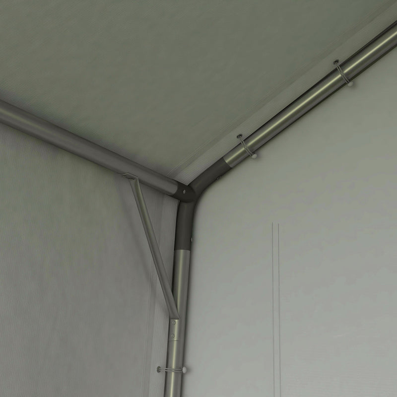 Interior corner showing the steel roof bars and the taut pale inner lining