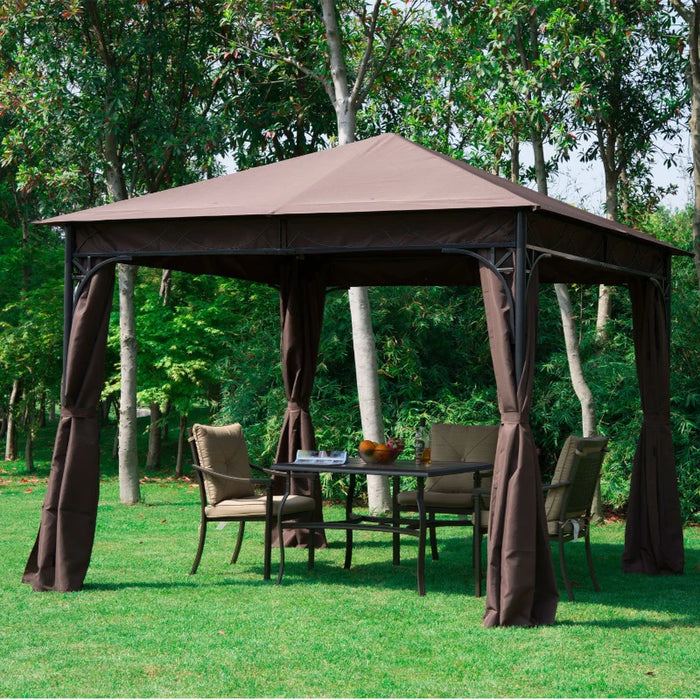 3x3m Garden Gazebo Pavilion With Steel Frame, Coffee