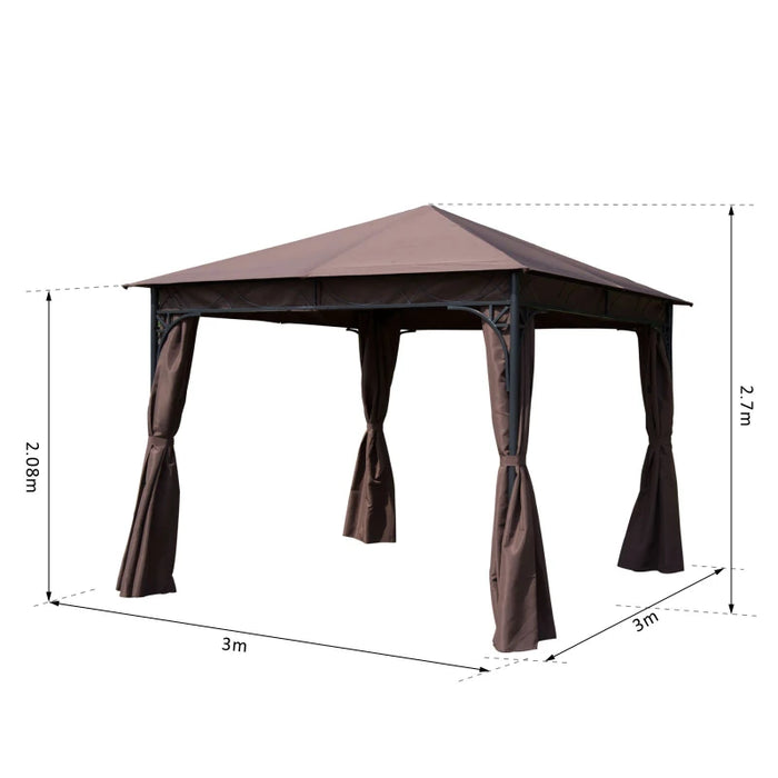 3x3m Garden Gazebo Pavilion With Steel Frame, Coffee