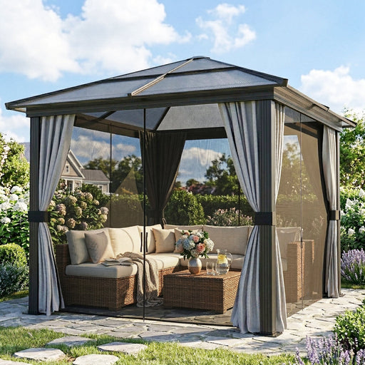Hardtop Gazebo 3x3m | Polycarbonate Roof, Curtains & Mesh Nets Outsunny