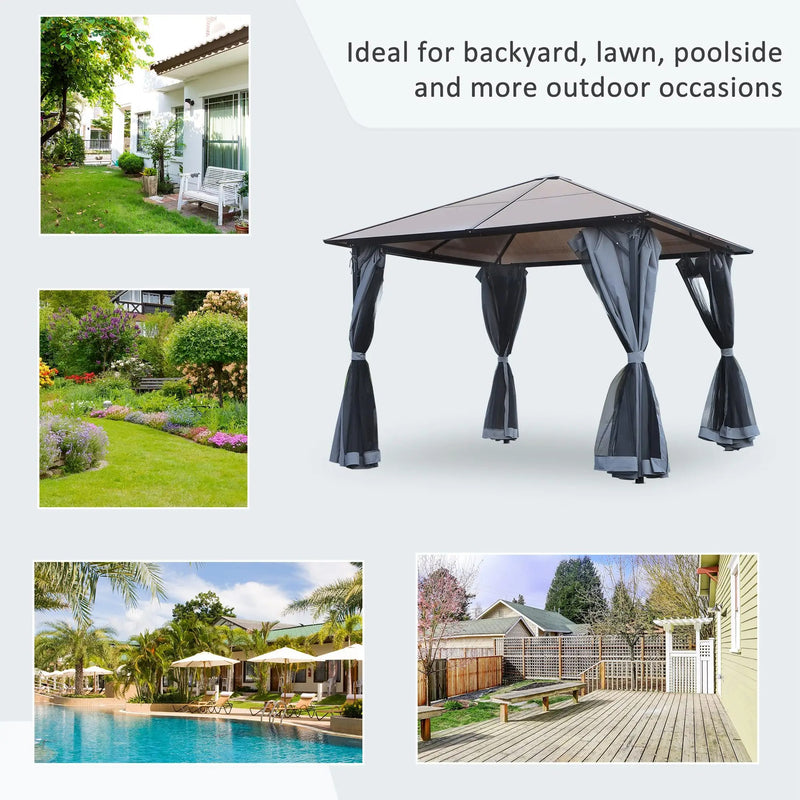 3x3m Metal Frame Gazebo With Polycarbonate Hard Top Roof & Side Curtains, Grey Outsunny