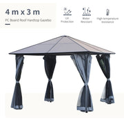 3x3m Metal Frame Gazebo With Polycarbonate Hard Top Roof & Side Curtains, Grey Outsunny
