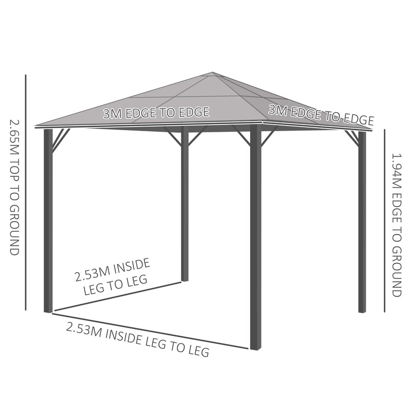 3x3m Metal Frame Gazebo With Polycarbonate Hard Top Roof & Side Curtains, Grey Outsunny