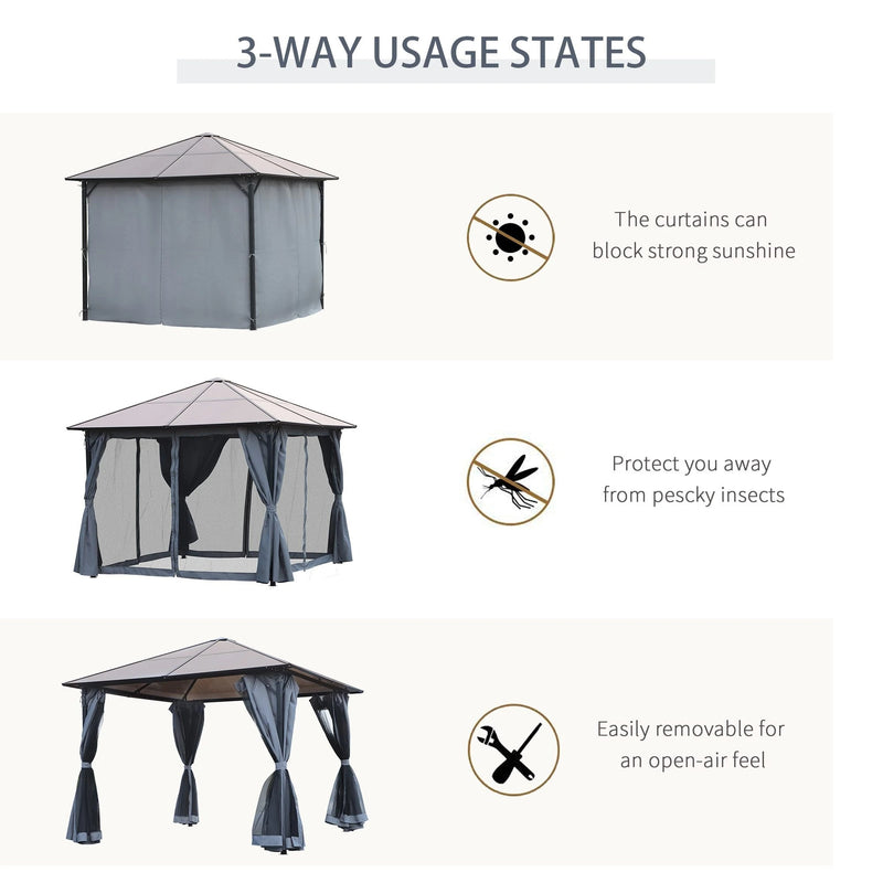 3x3m Metal Frame Gazebo With Polycarbonate Hard Top Roof & Side Curtains, Grey Outsunny