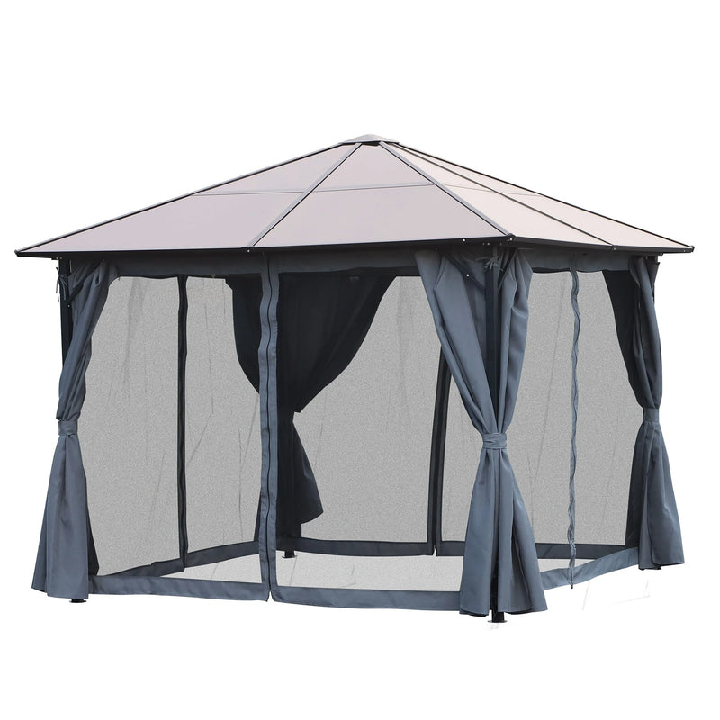 3x3m Metal Frame Gazebo With Polycarbonate Hard Top Roof & Side Curtains, Grey Outsunny