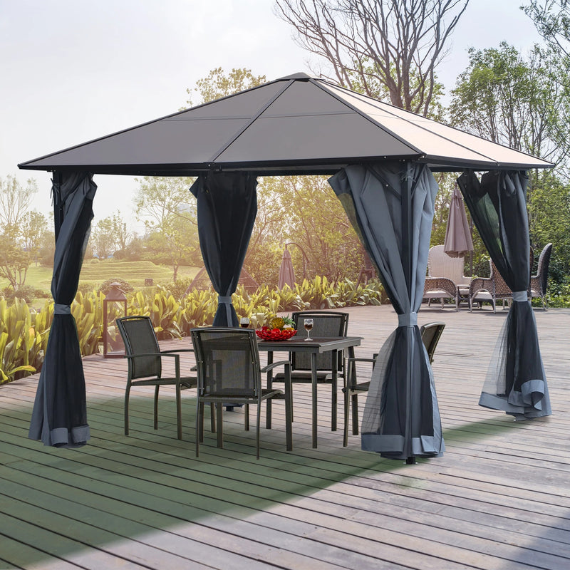 3x3m Metal Frame Gazebo With Polycarbonate Hard Top Roof & Side Curtains, Grey Outsunny