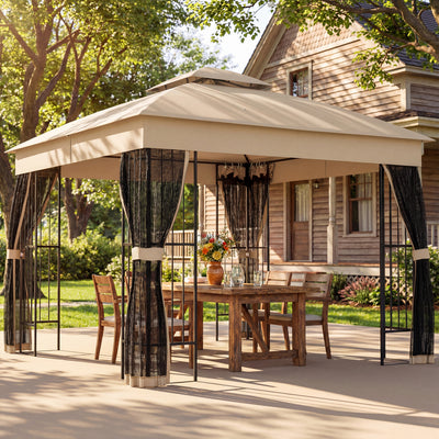 3x3m Garden Gazebo with Metal Frame Mesh Sides and Shelves for Shaded Outdoor Relaxing Brown
