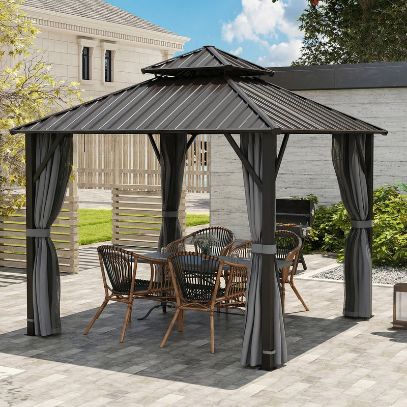 3x3m Metal Roof Garden Gazebo with Privacy Curtains and Mesh Sides for Year Round Shelter Grey