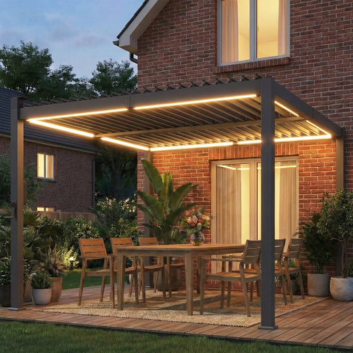 3x3m Pergola with Adjustable Louvered Roof and Solar LED Lighting for Garden or Patio, Black