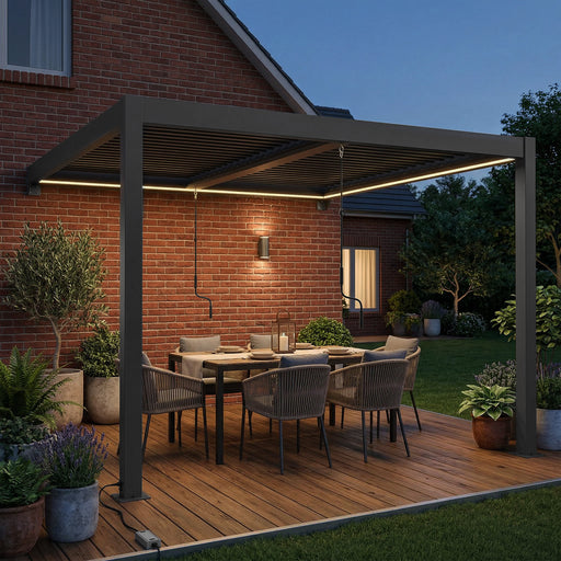 3x3m Wall Mounted Aluminium Pergola with Adjustable Louvred Roof and Lights for Flexible Garden Shade, Dark Grey