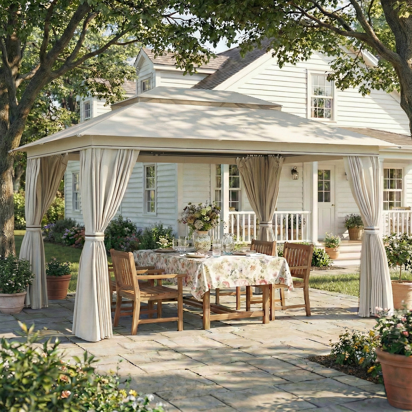 3x4m Gazebo For Garden Shade and Shelter Privacy Curtain 2 Tier Roof