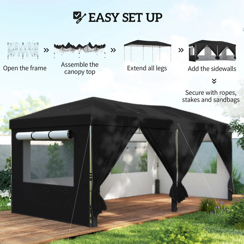 3x6m Pop Up Garden Gazebo with Adjustable Height and Detachable Sides for Outdoor Shelter and Events Outsunny