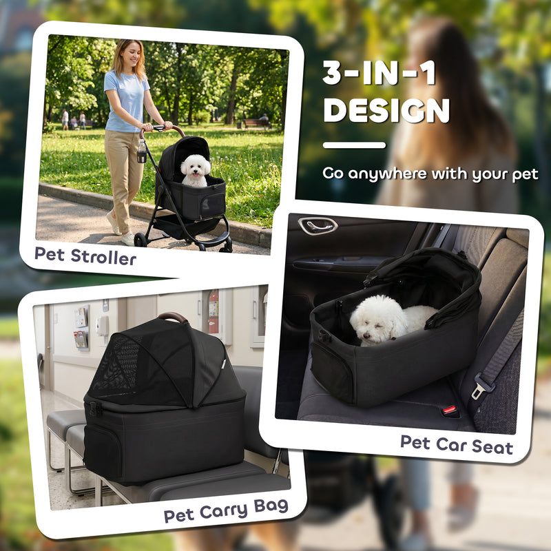 3-in-1 Pet Stroller for Small Dogs and Cats with Foldable Frame and Car Seat Black