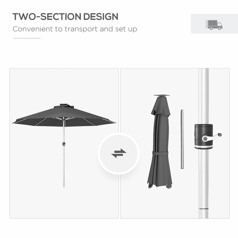 Grey 3m Garden Parasol with Solar LED Lights for Shaded Outdoor Seating