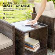 Rattan Bistro Set for 2 with Cushioned Chairs and Glass Table for Small Outdoor Spaces Outsunny