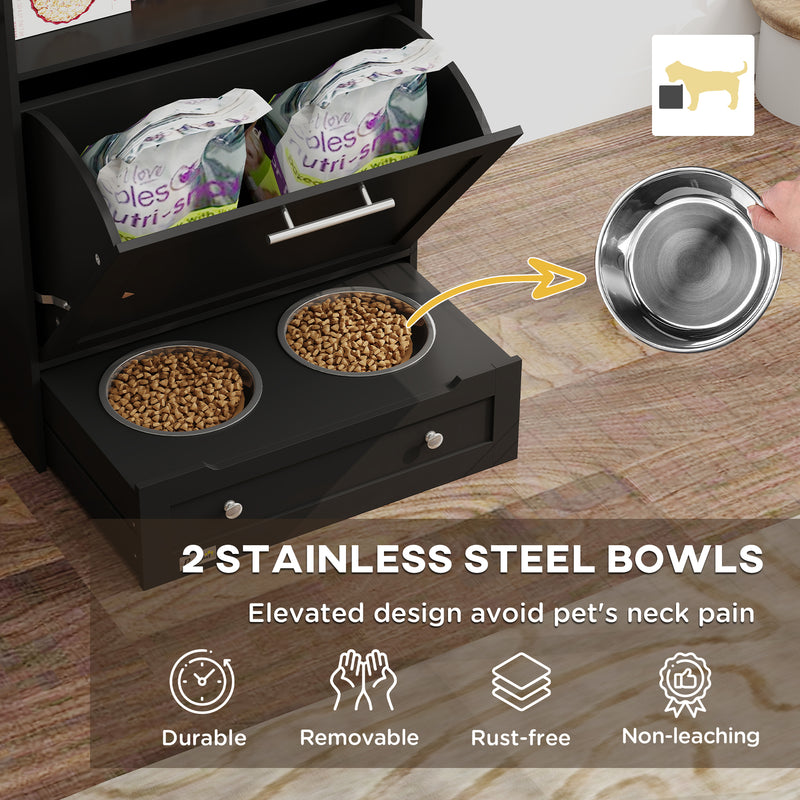 Black Pet Feeder Station With Storage Cabinet and Raised Bowls by PawHut