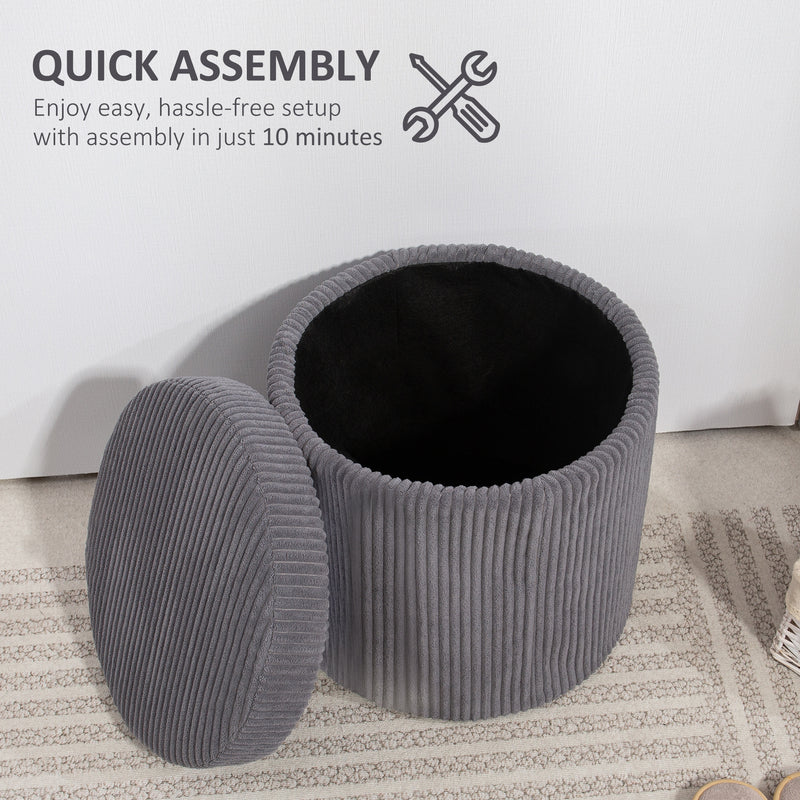 Grey 40cm Round Storage Ottoman Corduroy Footstool with Removable Lid and Legs by HOMCOM
