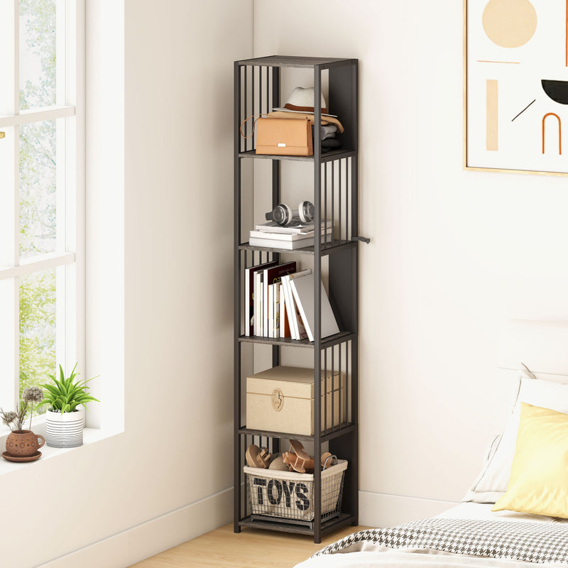 5 Tier Industrial Style Bookshelf with Sturdy Steel Frame for Home or Office, Grey