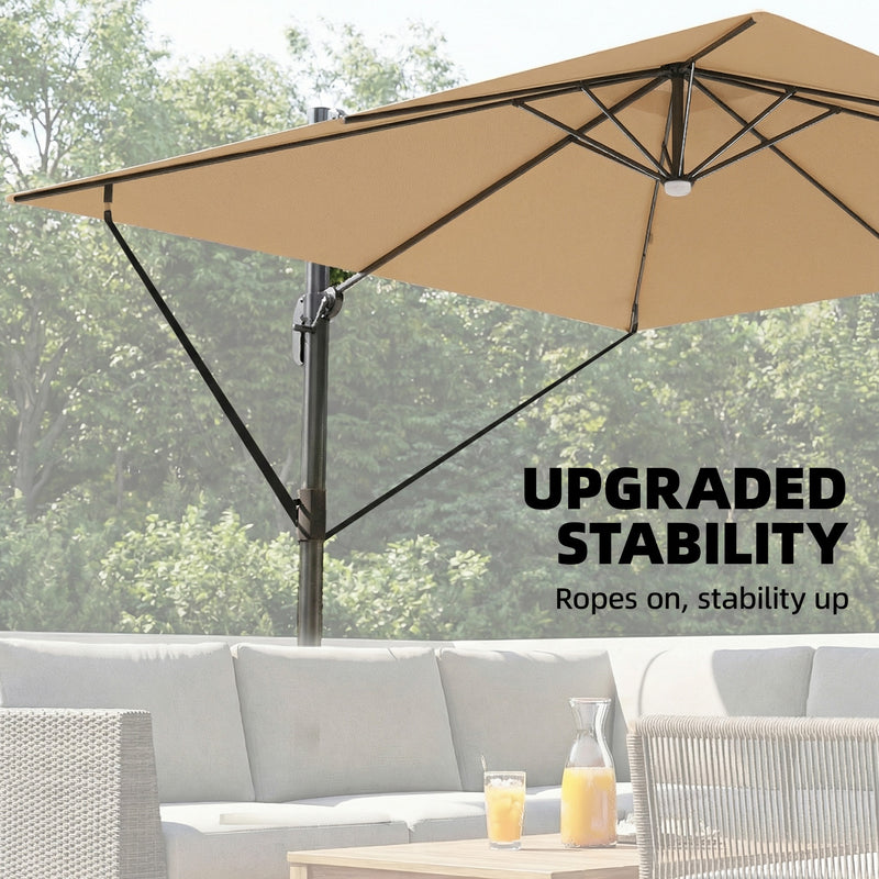 Square Cantilever Parasol with Lights For Garden - Easily Adjustable UPF 30+ Shade - Crank/Tilt - Khaki