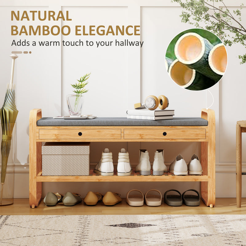 Shoe Storage Bench with Drawers and Padded Seat for Narrow Hallways Natural Bamboo Grey