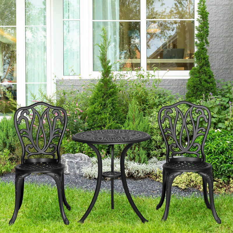 3 Piece Black Cast Aluminium Garden Bistro Set With Umbrella Hole by Outsunny