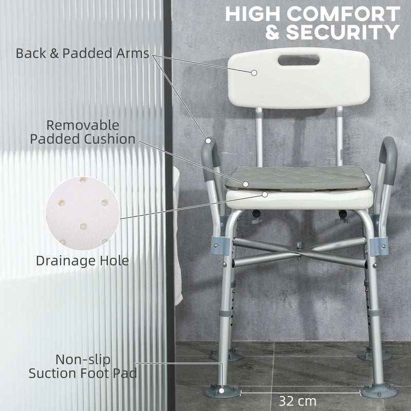 Height Adjustable Shower Chair with Padded Seat and Armrests for Elderly and Disabled, White