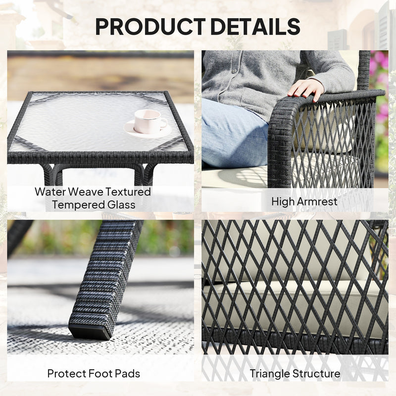 Rattan Garden Bistro Set for Small Outdoor Spaces Glass Table and 2 Chairs with Cushions Cream