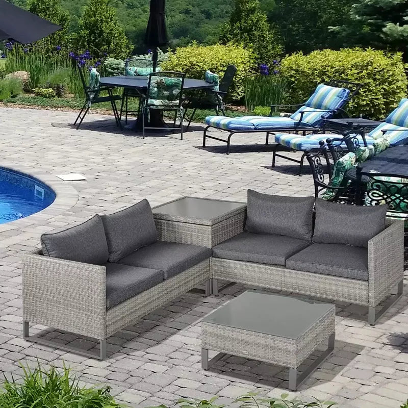 Outsunny Rattan Sofa Set with Storage, Glass Table, Grey