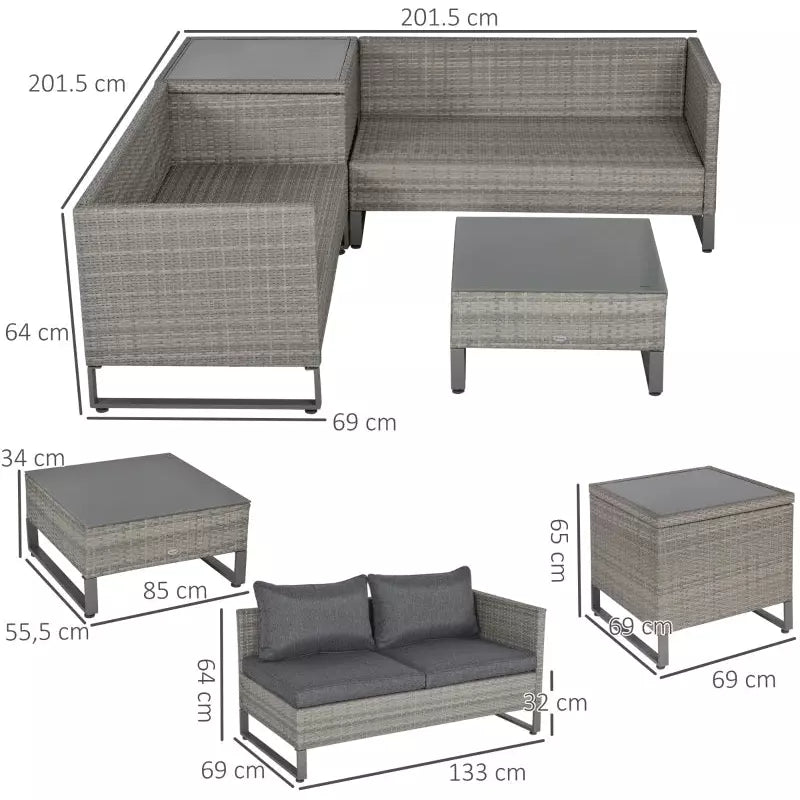 Outsunny Rattan Sofa Set with Storage, Glass Table, Grey