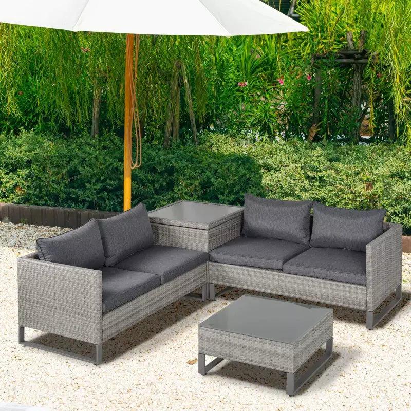 Outsunny Rattan Sofa Set with Storage, Glass Table, Grey