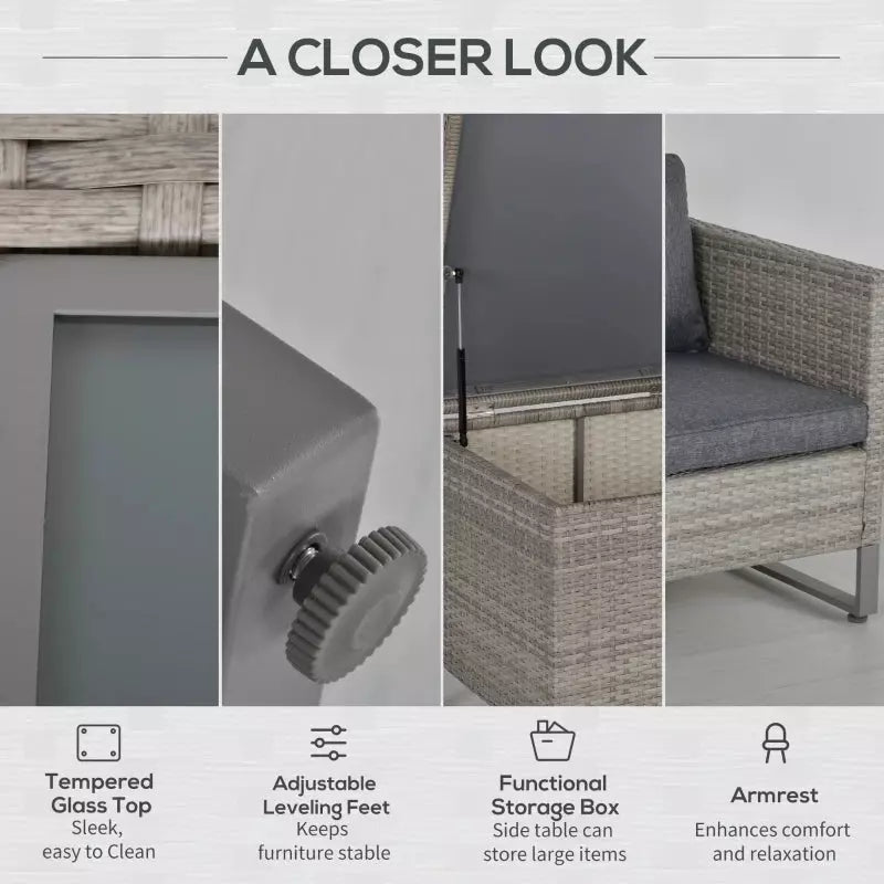 Outsunny Rattan Sofa Set with Storage, Glass Table, Grey