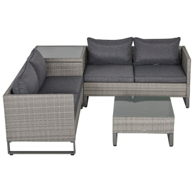 Outsunny Rattan Sofa Set with Storage, Glass Table, Grey Outsunny