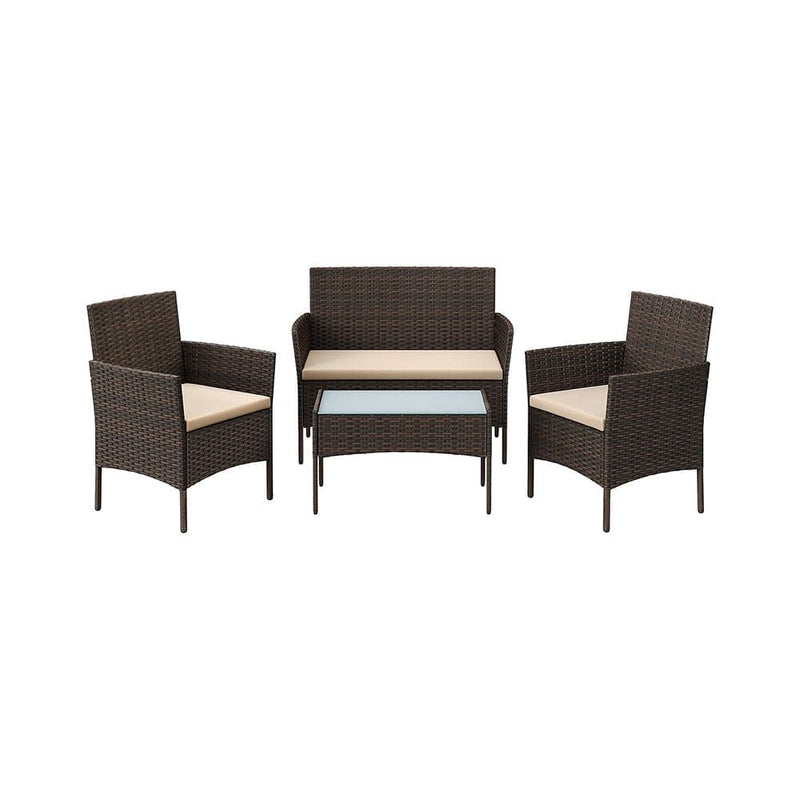 Image of a 4 Piece Brown Rattan Patio Furniture Set With Taupe Cushions