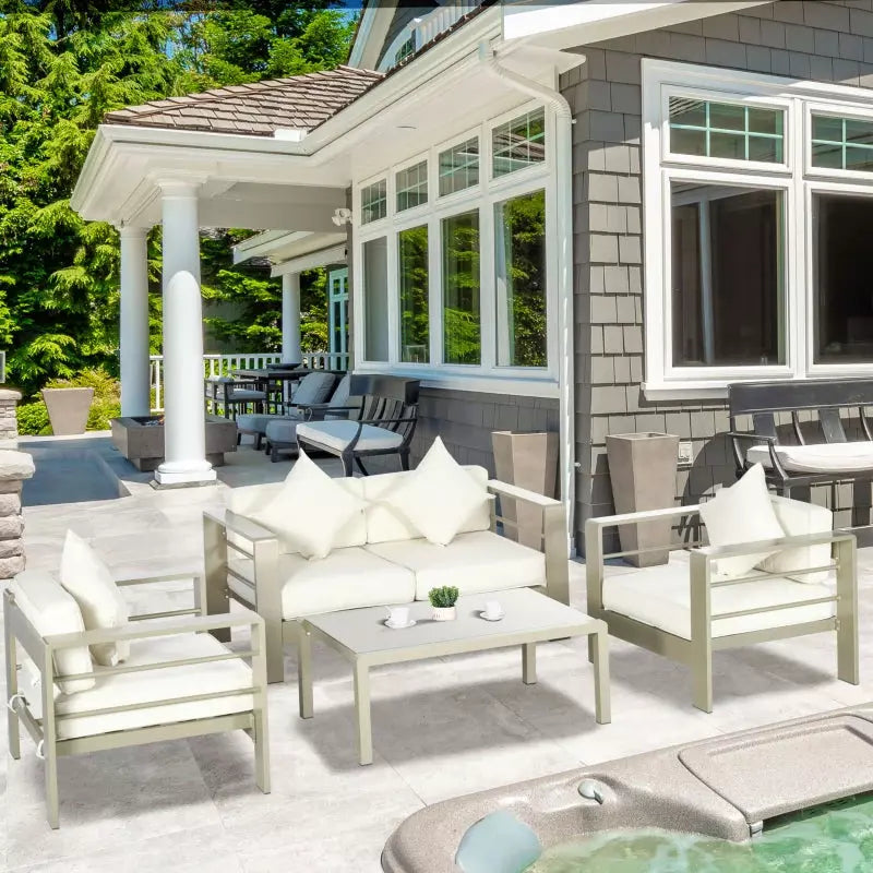 Garden Furniture Sofa and Table, Gold Frames, Cream Cushions Outsunny