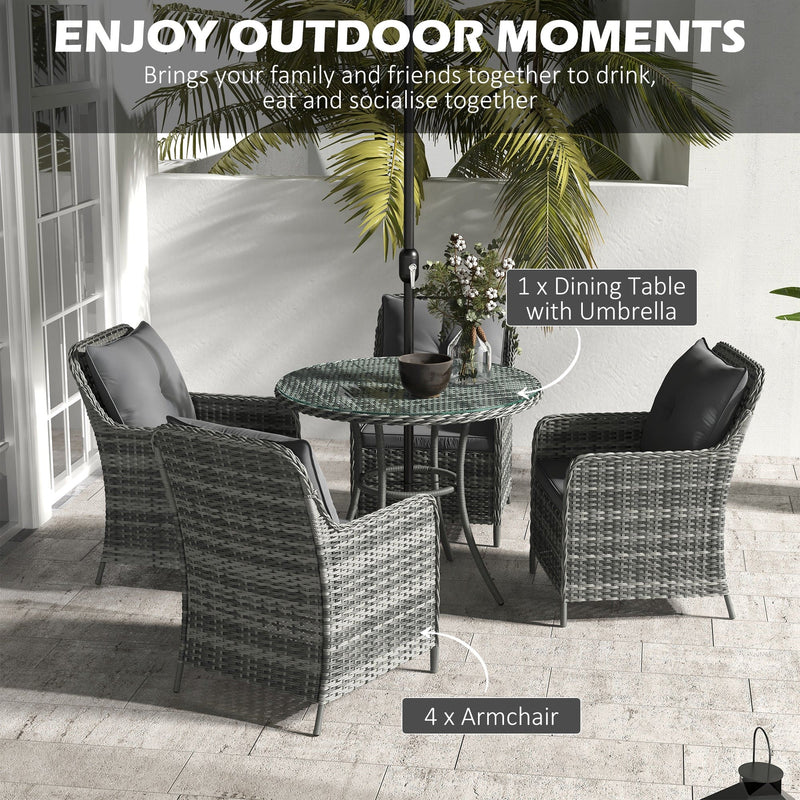 4 Seater Rattan Dining Set With Parasol, Grey Outsunny