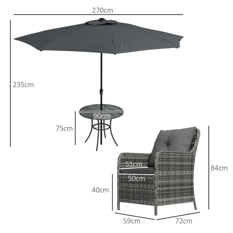 4 Seater Rattan Dining Set With Parasol, Grey Outsunny