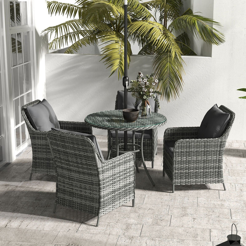 4 Seater Rattan Dining Set With Parasol, Grey Outsunny