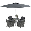 4 Seater Rattan Dining Set With Parasol, Grey Outsunny