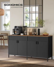 Vasagle metal storage cabinet used as a sideboard in a dining room with a wall mirror