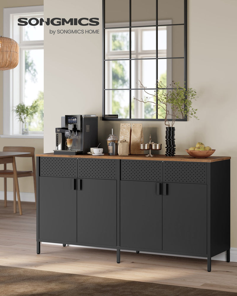 Vasagle metal storage cabinet used as a sideboard in a dining room with a wall mirror