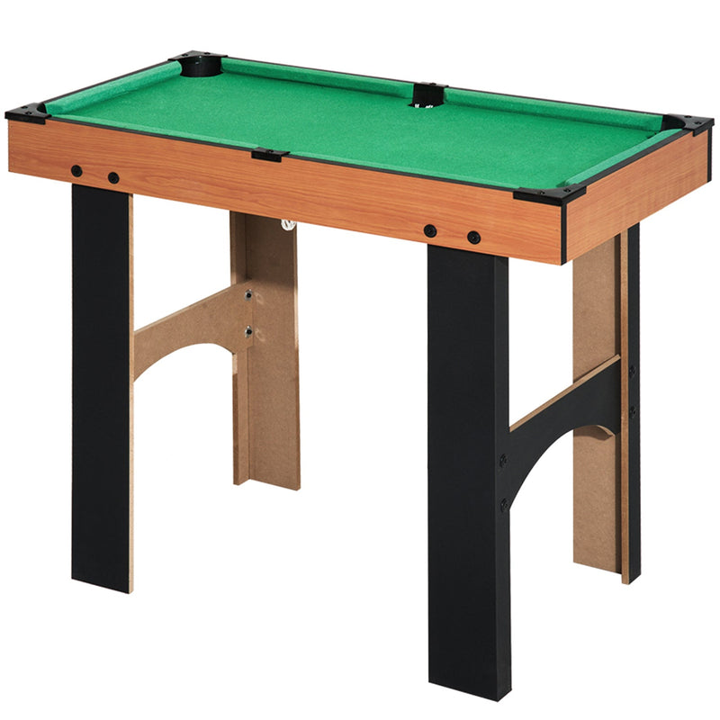 4 in 1 games table set up as a billiards table with green cloth on wooden legs