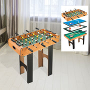 Foosball table in a bright room with an inset showing the stacked game surfaces