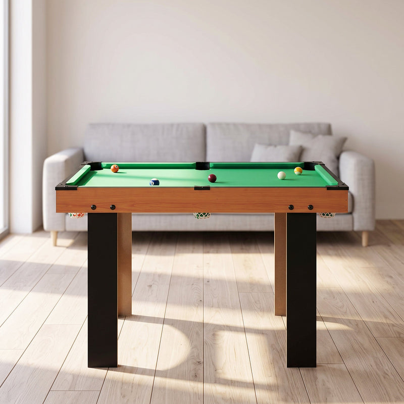 Billiards surface set up on the games table in front of a grey sofa