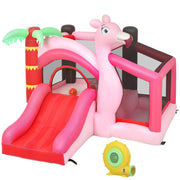 AIYAPLAY flamingo-themed pink bounce house with slide, blower and palm tree decoration, studio view