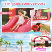 Collage showing the bounce house's slide, ball pit, basketball hoop and trampoline sections