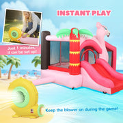 Diagram showing the included blower inflating the bounce house in about a minute