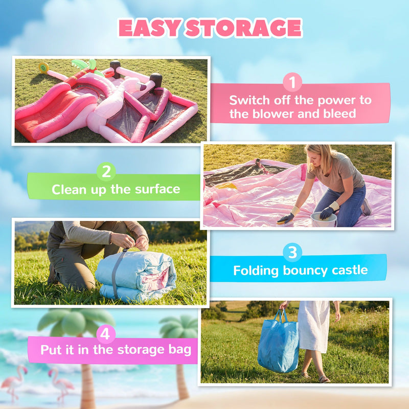 Four-step diagram showing how to deflate, fold and store the bounce house in its bag
