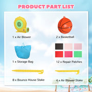 Product part list showing the blower, basketballs, storage bag, repair patches and stakes included