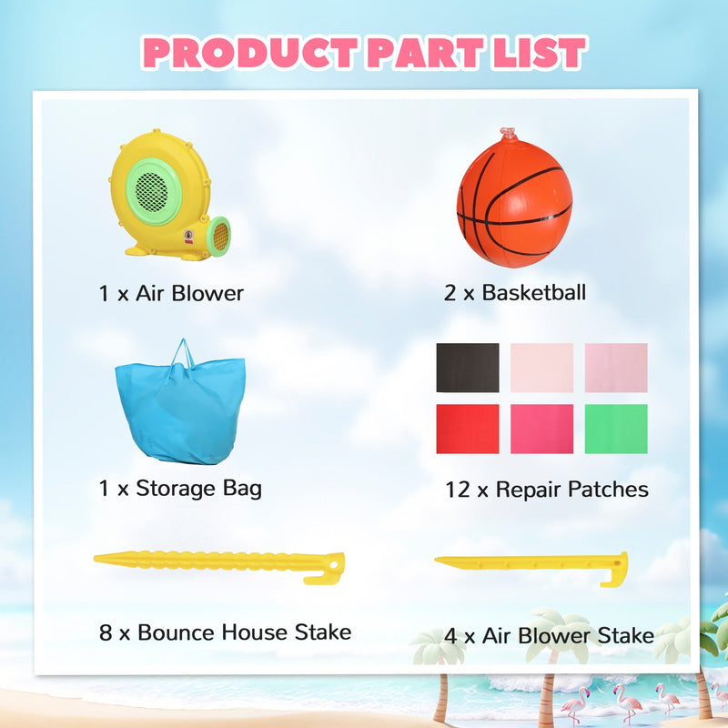 Product part list showing the blower, basketballs, storage bag, repair patches and stakes included