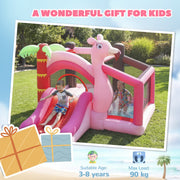 Two children playing on the bounce house in a garden, with suitable age and max load icons
